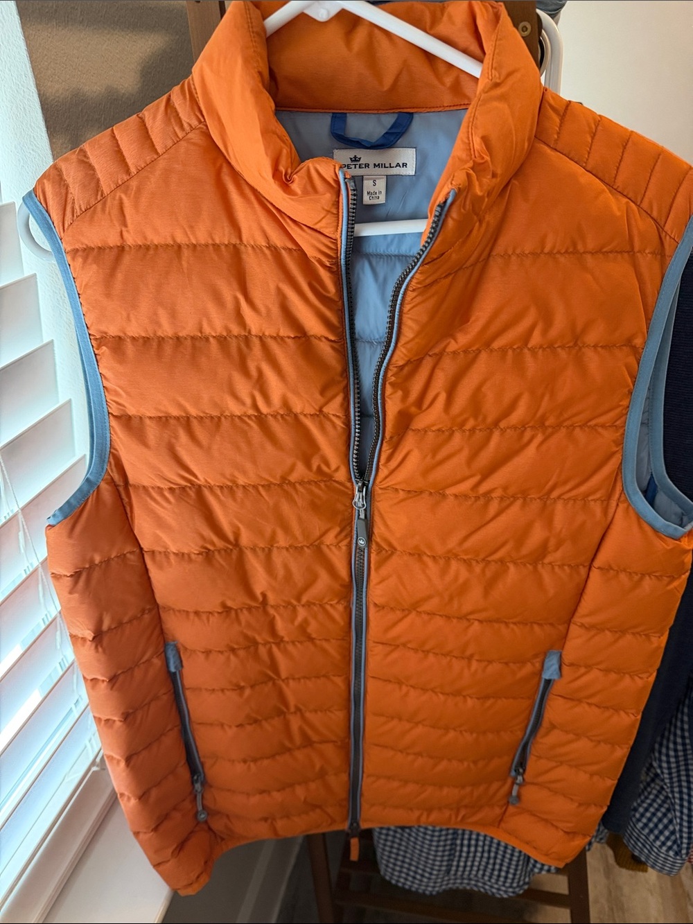 Peter Millar Orange Quilted Puffer Jacket with Light Blue Lining
